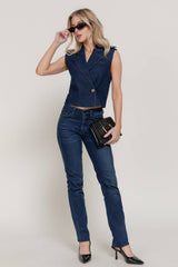 Lapel Collar Double Breasted Button Stretch Denim Vest