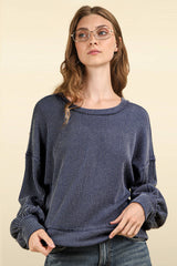 LONG BUBBLE SLEEVE DROPPED SHOULDER PULLOVER WITH TWO TONE RIBBED DETAIL