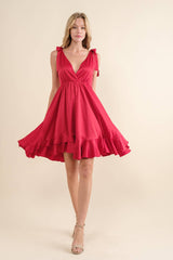 SATIN SWING DRESS WITH SHOULDER TIE DETAIL