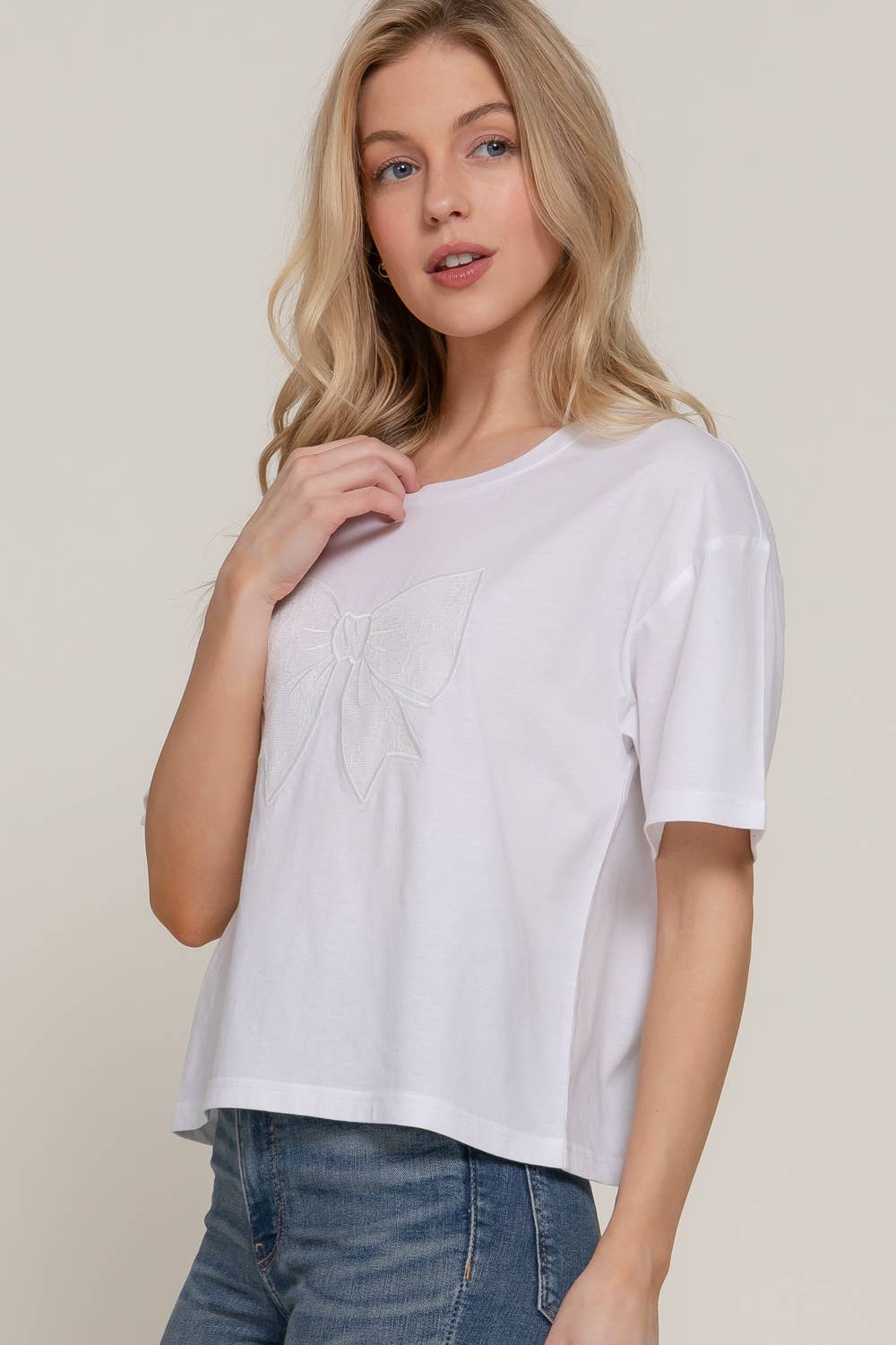 Short Sleeve Crew Neck Lace Patch Oversize Cotton Jersey Top