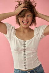 PUFF SLEEVE KNIT TOP WITH HOOK AND EYE DETAIL