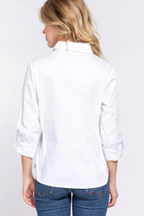 LONG SLEEVE COLLARED BUTTON DOWN TOP WITH STRETCH SIDE PANEL