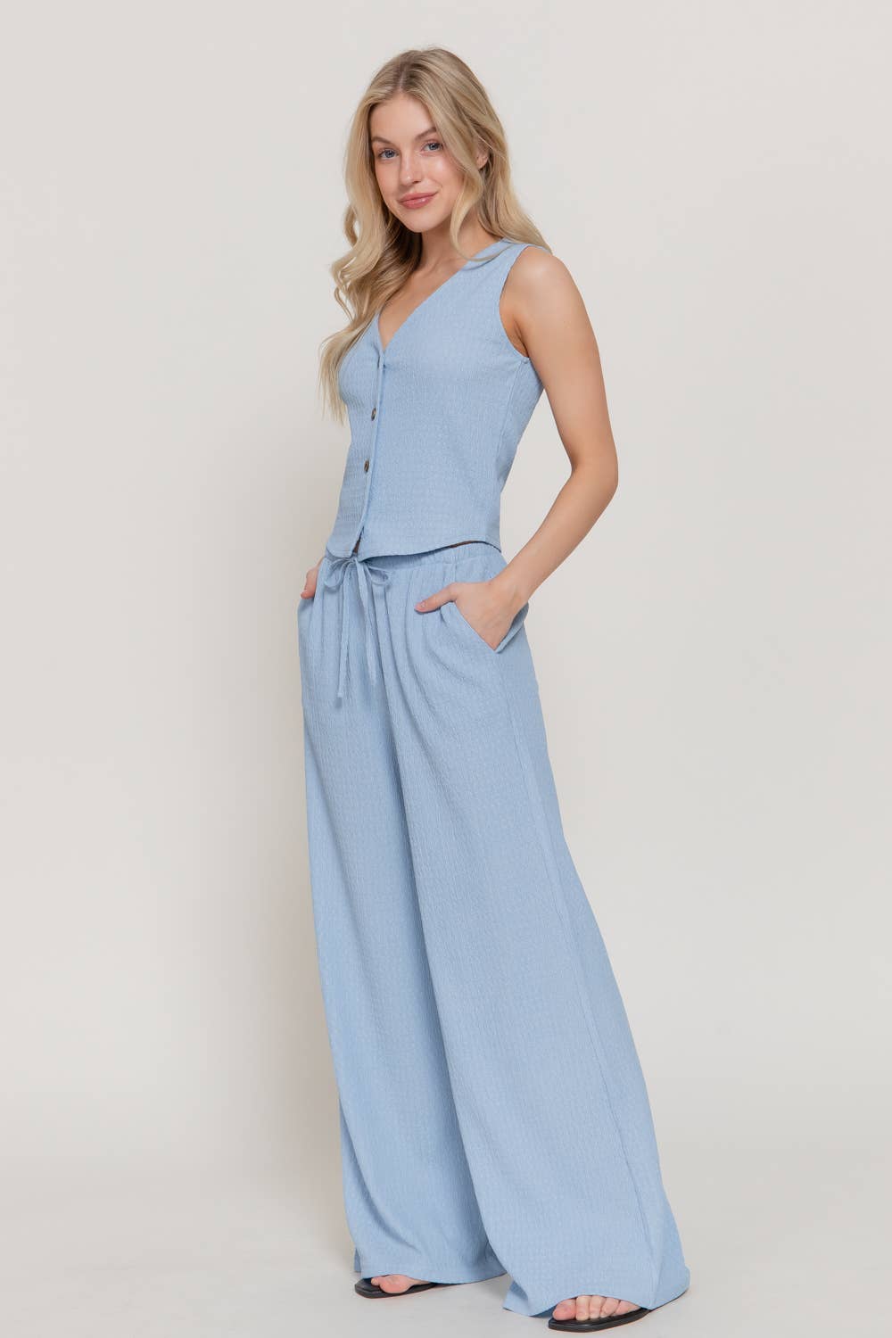 V-Neck Button Closure Vest & Long Pants Set