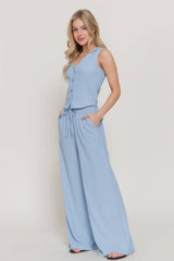 V-Neck Button Closure Vest & Long Pants Set