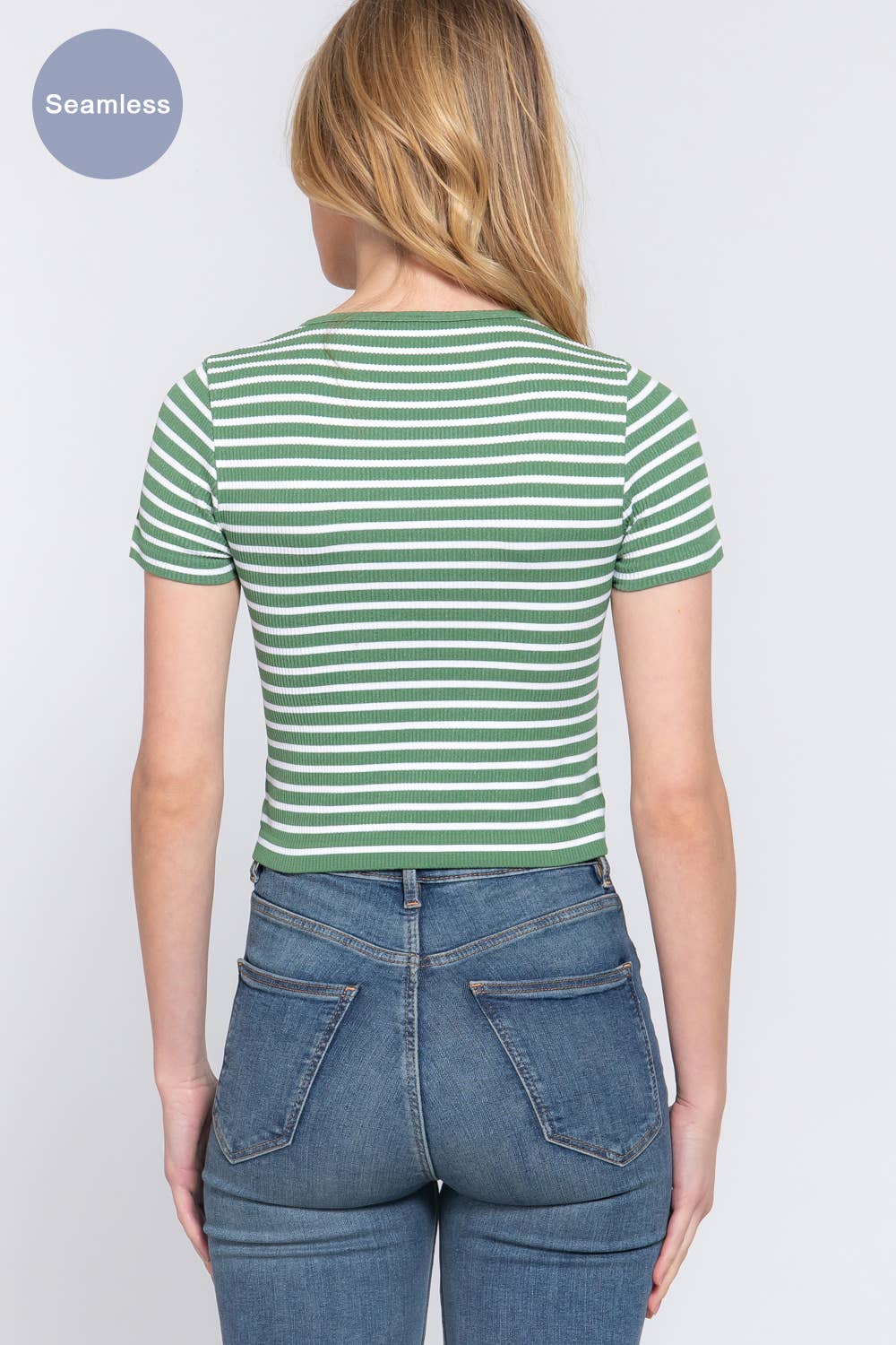 Short Sleeve Crew Neck Stripe Seamless Rib Knit Top