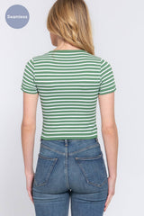 Short Sleeve Crew Neck Stripe Seamless Rib Knit Top