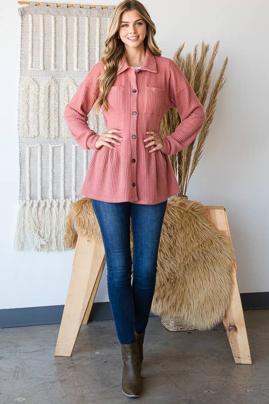 CURVY LONG SLEEVE BRUSHED WAFFLE KNIT BUTTON DOWN TOP