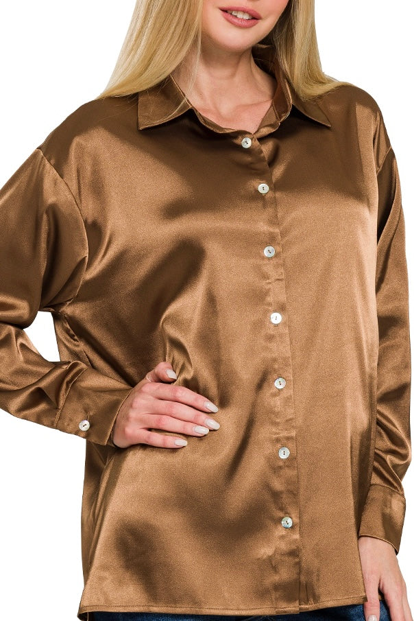 LONG SLEEVE RELAXED FIT SATIN BUTTON DOWN TOP WITH SHELL BUTTONS