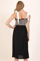 SMOCKED SHIRRED TOP MIDI DRESS WITH TIE STRAPS
