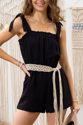 SOLID ROMPER WITH TIE SHOULDERS