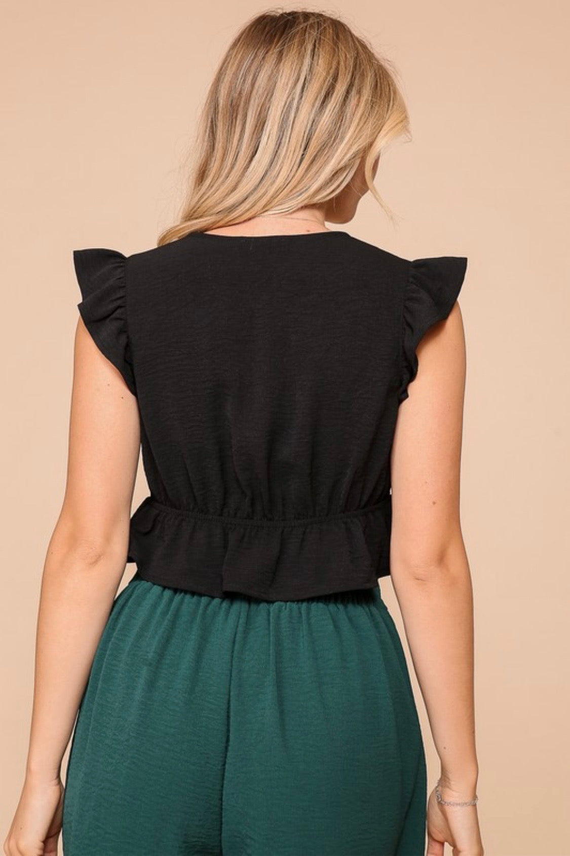 SHORT RUFFLE SLEEVE DEEP V TOP WITH PEEKABOO DETAIL