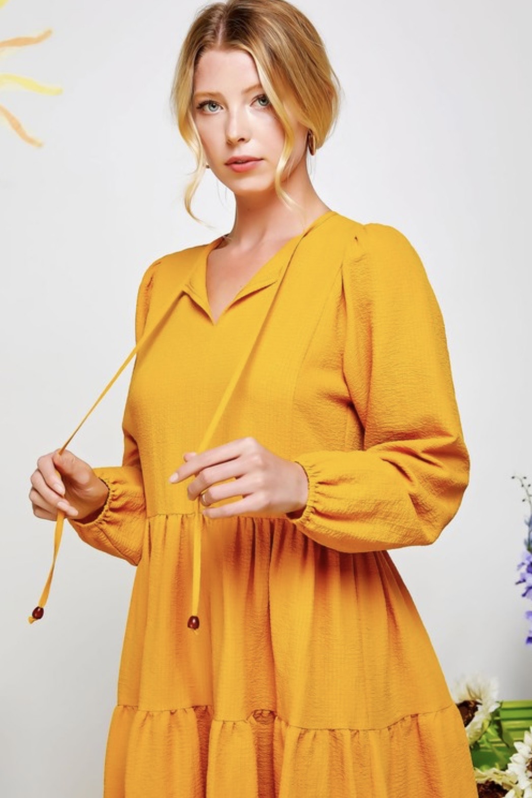 LONG SLEEVE TIERED DRESS WITH TIE DETAIL