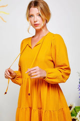LONG SLEEVE TIERED DRESS WITH TIE DETAIL