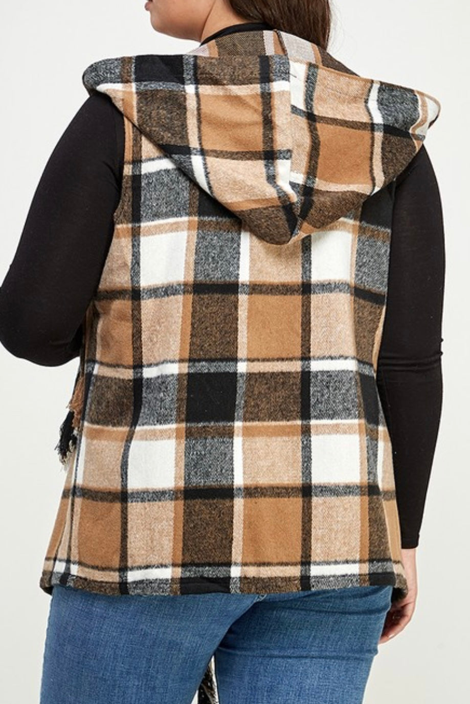 CURVY PLAID HOODY VEST WITH FRINGE DETAIL