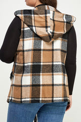 CURVY PLAID HOODY VEST WITH FRINGE DETAIL