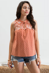 SWISS DOT SLEEVELESS TOP WITH EMBROIDERED DETAIL