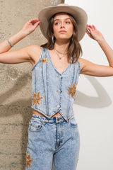 VNECK CROPPED DENIM VEST WITH STAR DETAIL