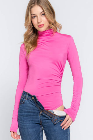 LONG SLEEVE TURTLE NECK BODYSUIT WITH SHIRRING DETAIL