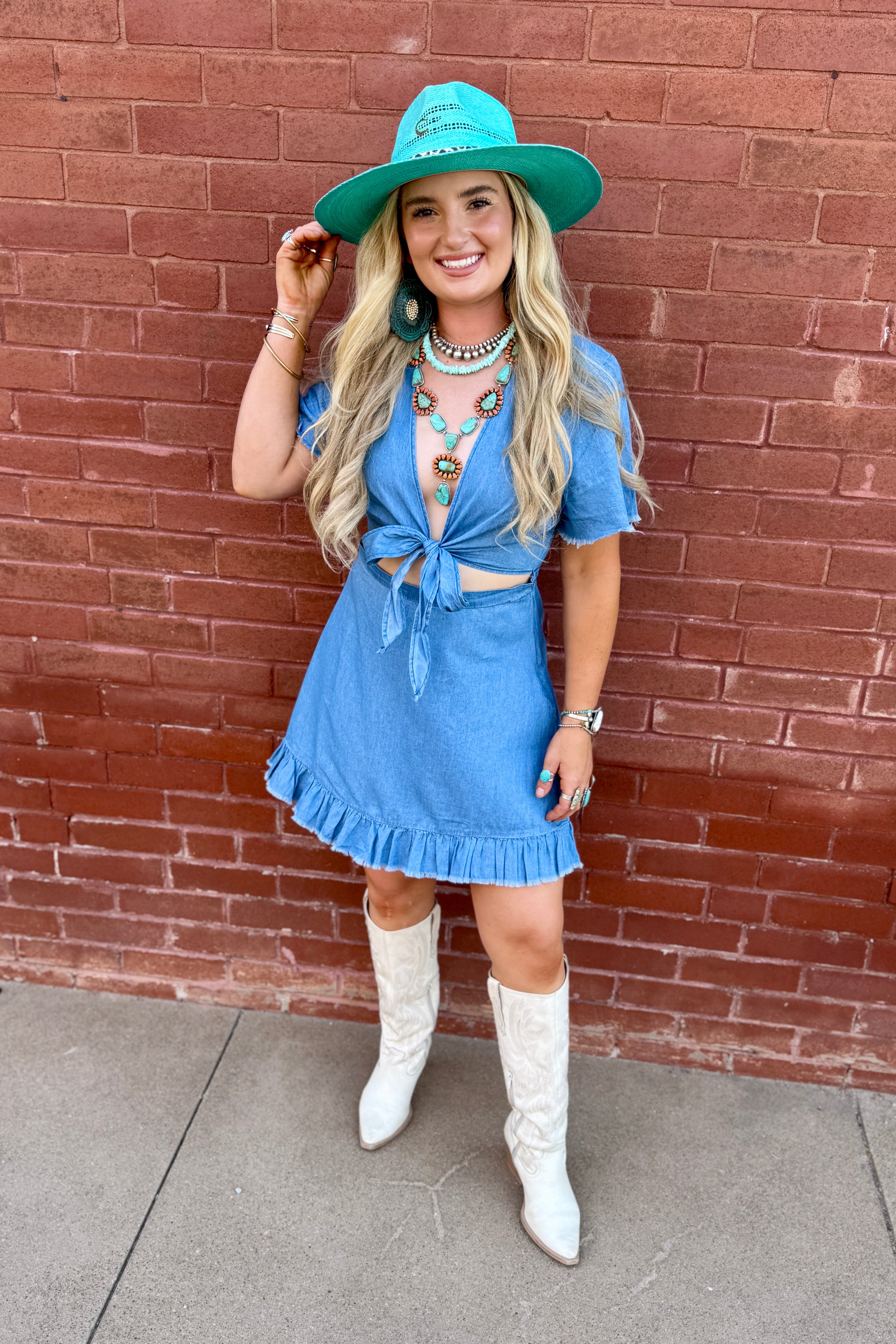 Short Sleeve Denim Tie Front Dress with Front Cutout