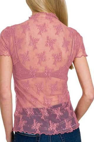 SHORT SLEEVE LACE MESH TOP