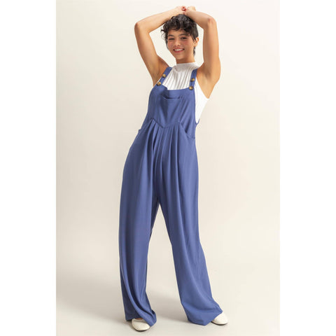 OVERALL JUMPER WITH PLEATED FRONT DETAIL AND POCKETS