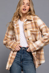 LONG SLEEVE OVERSIZED PLAID FUZZY BUTTON DOWN SHIRT