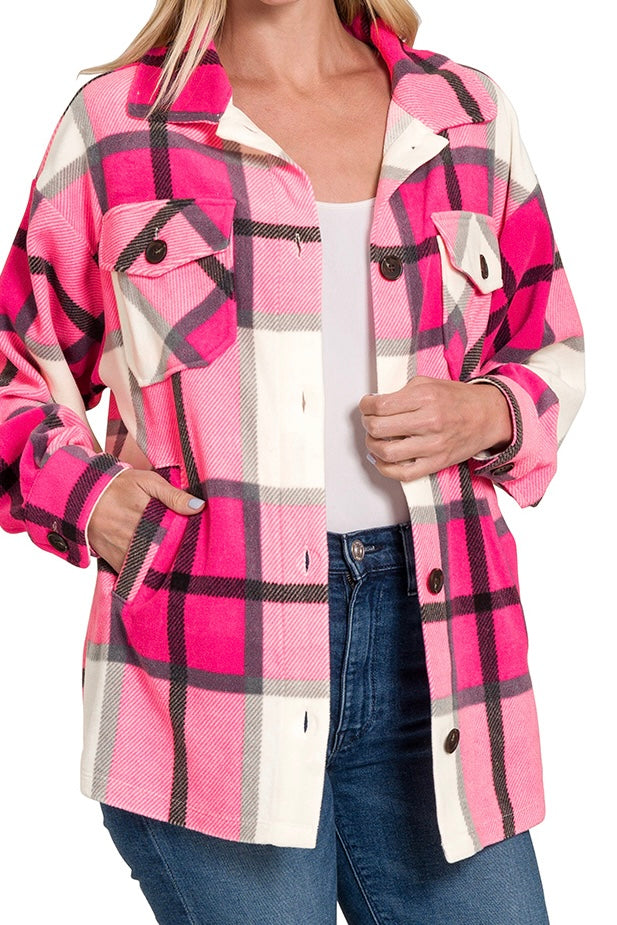 LONG SLEEVE BRUSHED PLAID BUTTON DOWN TOP