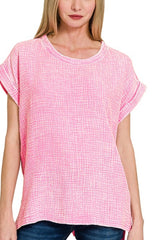 SHORT CUFFED SLEEVE ROUND NECK DOUBLE GAUZE MINERAL WASH TOP