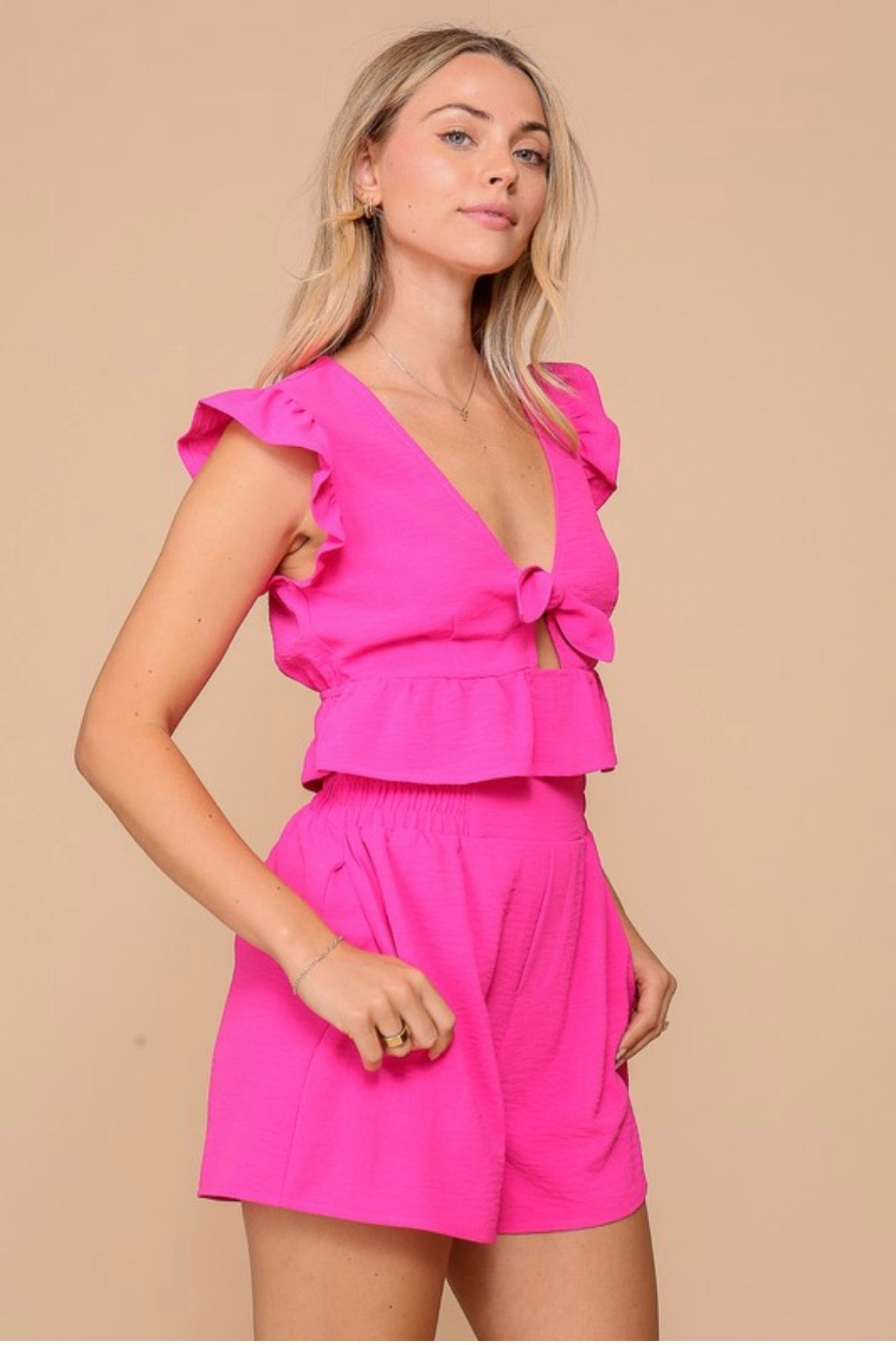 SHORT RUFFLE SLEEVE DEEP V TOP WITH PEEKABOO DETAIL