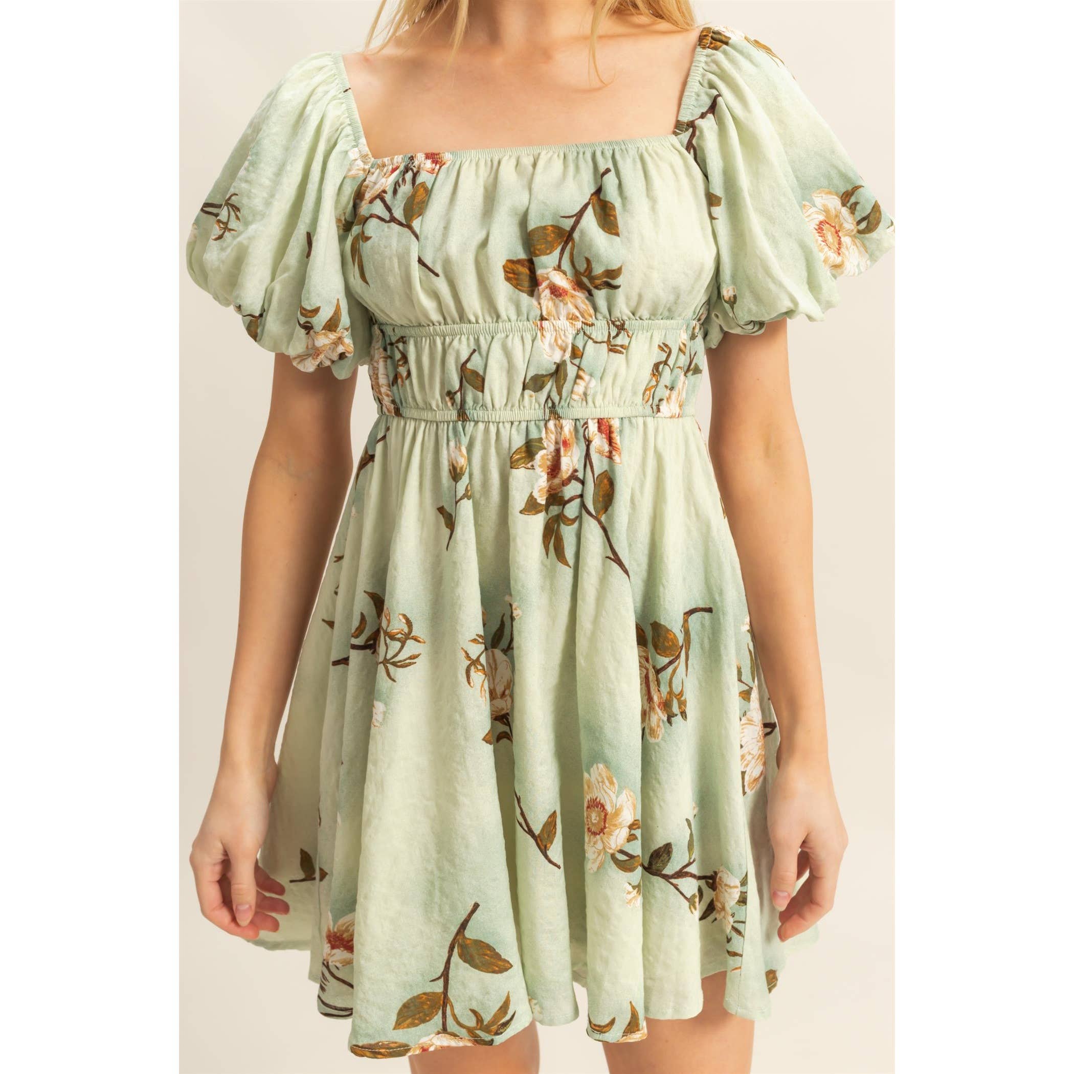 PUFF SLEEVE FLORAL PRINT DRESS WITH SQUARE NECK AND GATHERED DETAIL