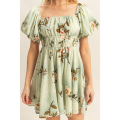 PUFF SLEEVE FLORAL PRINT DRESS WITH SQUARE NECK AND GATHERED DETAIL