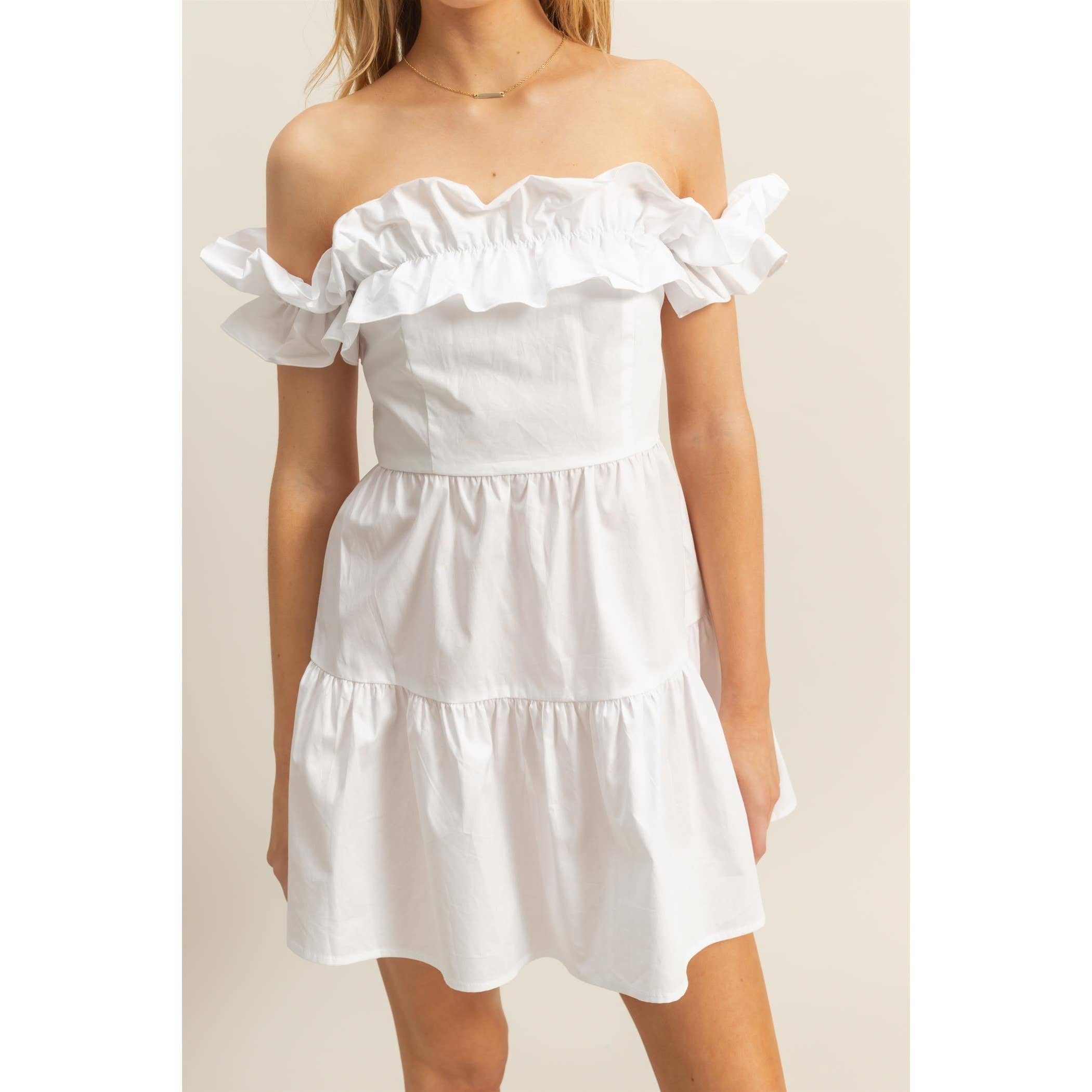 POPLIN OFF THE SHOULDER RUFFLE TRIM DRESS