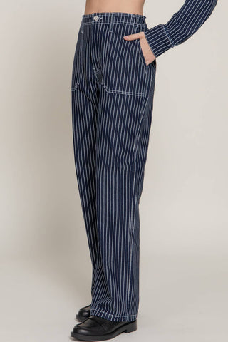 STRIPED STRAIGHT LEG JEANS WITH PORCH CHOP FRONT POCKETS