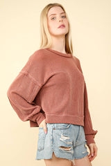 LONG BUBBLE SLEEVE DROPPED SHOULDER PULLOVER WITH TWO TONE RIBBED DETAIL