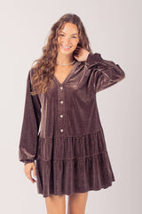 LONG SLEEVE TIERED BUTTON DOWN VELVET TEXTURED DRESS