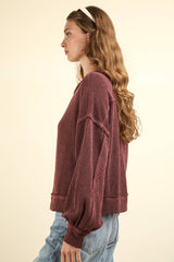 LONG BUBBLE SLEEVE DROPPED SHOULDER PULLOVER WITH TWO TONE RIBBED DETAIL