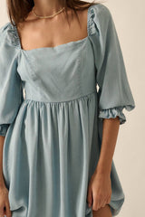 DENIM 3/4 SLEEVE SQUARE NECK DRESS WITH SMOCKED BACK