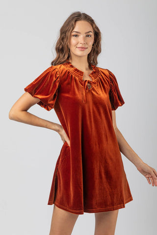 SHORT PUFF SLEEVE VELVET DRESS WITH TIE NECK DETAIL