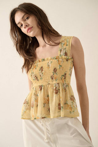 FLORAL CHIFFON TANK WITH SMOCKED BODICE
