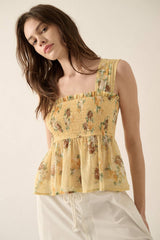 FLORAL CHIFFON TANK WITH SMOCKED BODICE