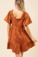 SHORT PUFF SLEEVE SATIN JACQUARD SQUARE NECK DRESS