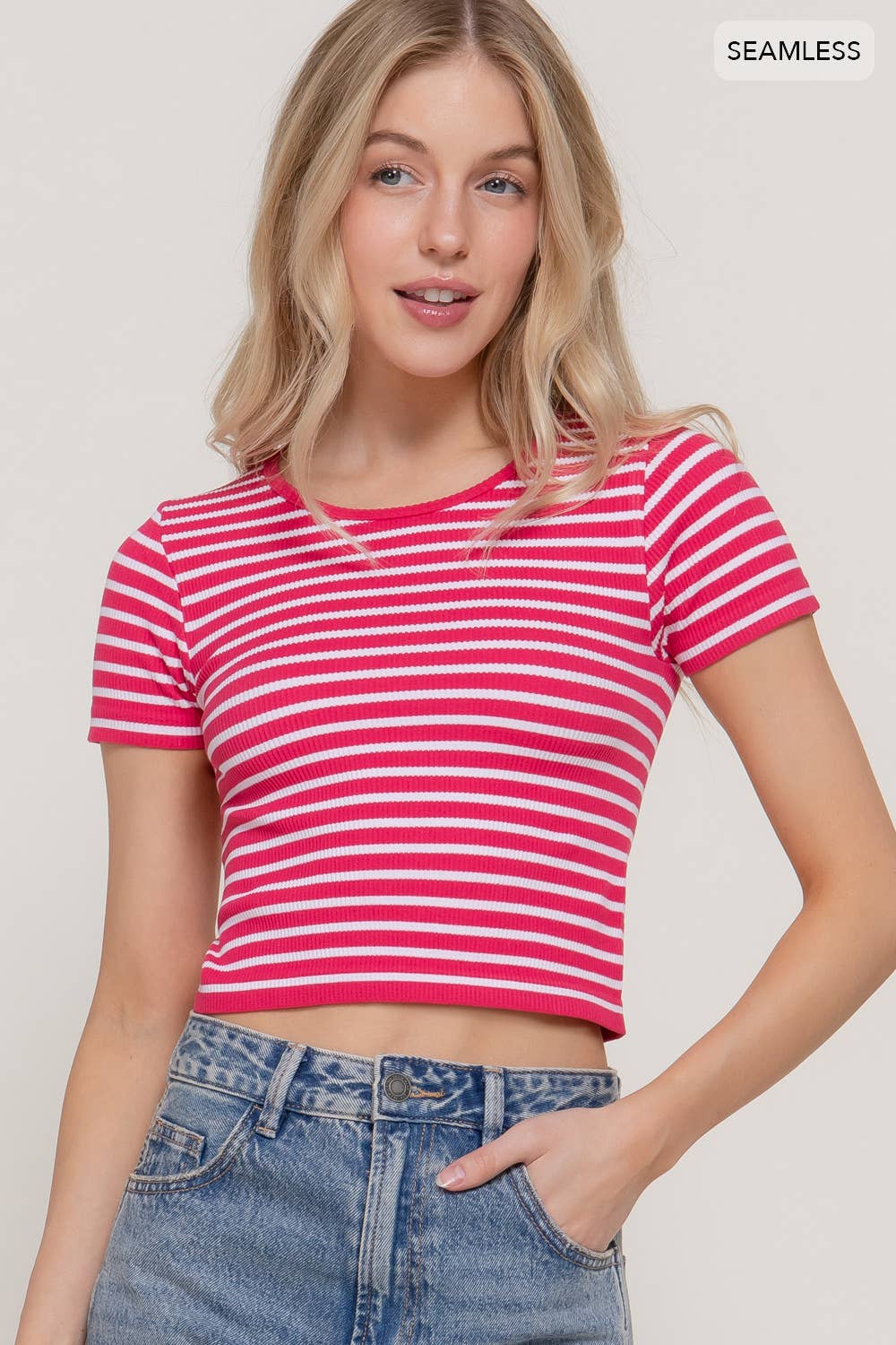 Short Sleeve Crew Neck Stripe Seamless Rib Knit Top