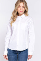 LONG SLEEVE COLLARED BUTTON DOWN TOP WITH STRETCH SIDE PANEL