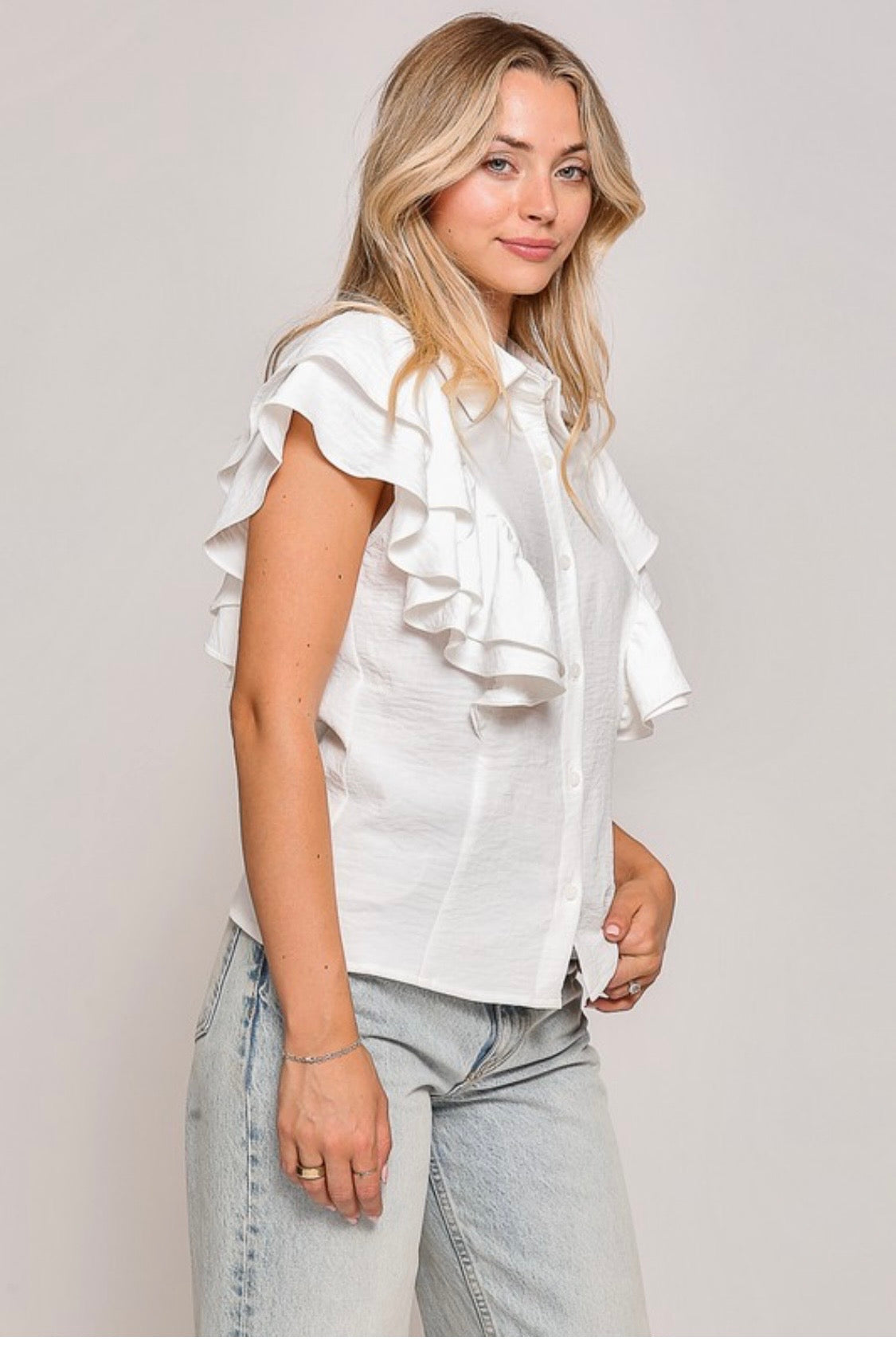 DOUBLE RUFFLE SLEEVED BUTTON DOWN TOP