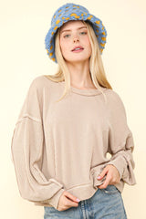 LONG BUBBLE SLEEVE DROPPED SHOULDER PULLOVER WITH TWO TONE RIBBED DETAIL