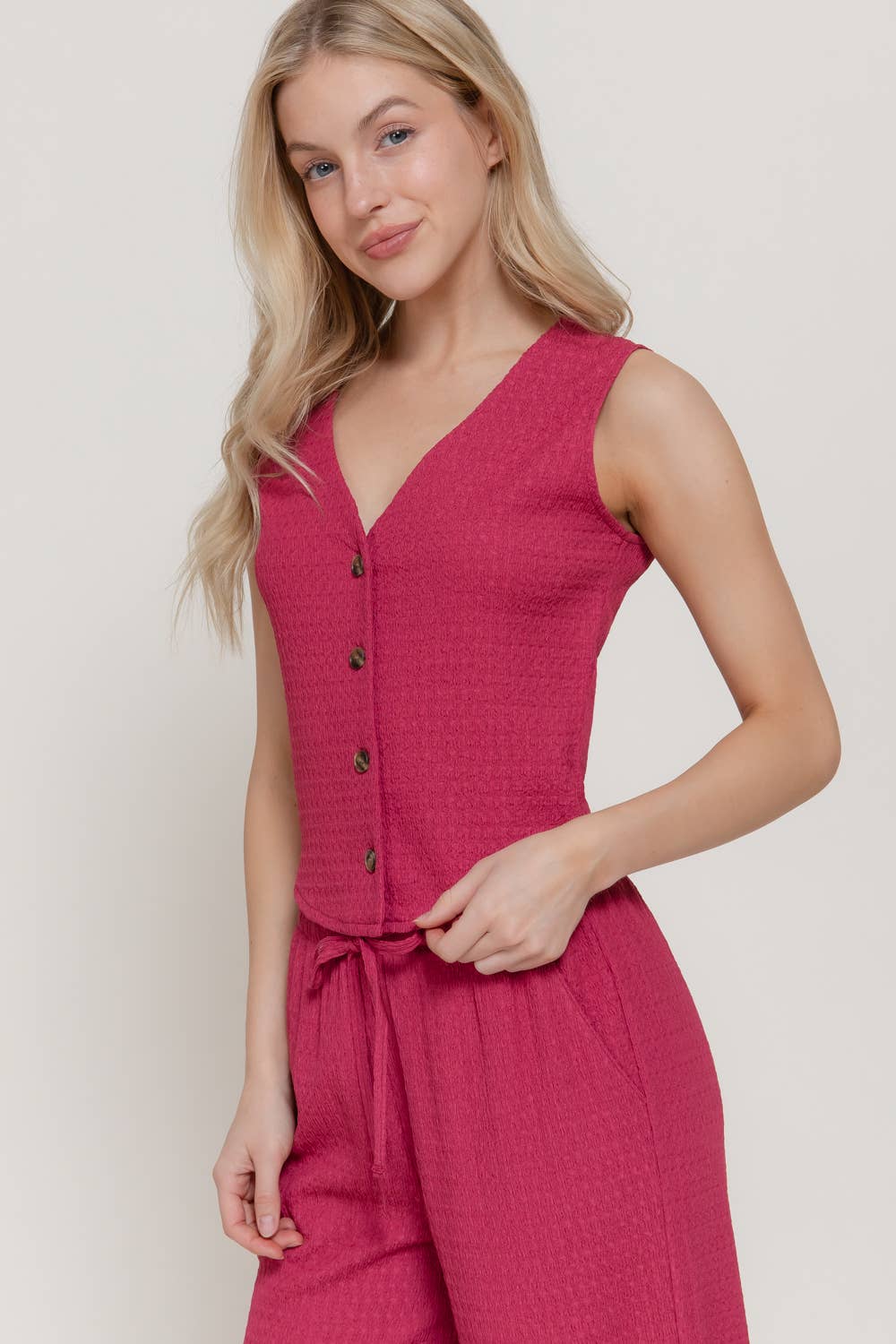 V-Neck Button Closure Vest & Long Pants Set
