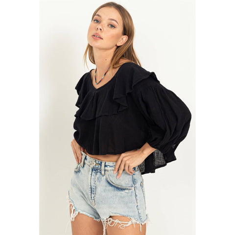 RUFFLED TRIM 3/4 SLEEVE BELL SLEEVE TOP