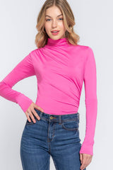 LONG SLEEVE TURTLE NECK BODYSUIT WITH SHIRRING DETAIL