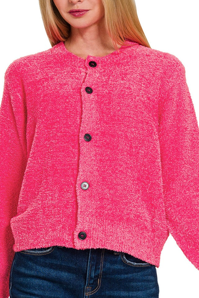 LONG SLEEVE CHENILLE BUTTON DOWN SWEATER