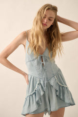 DENIM ROMPER WITH DOUBLE TIE DETAIL